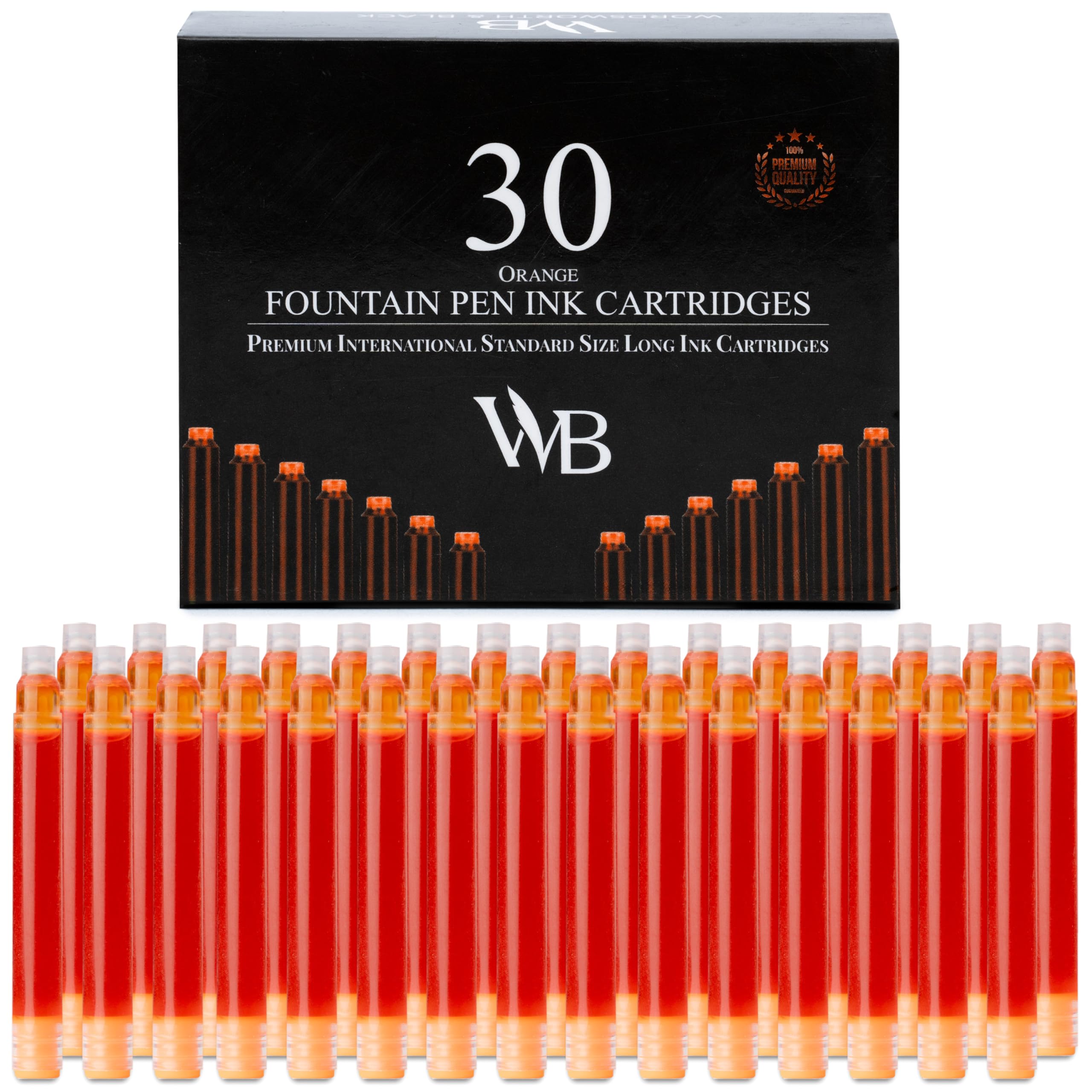 Wordsworth & Black Fountain Pen Ink Refills - Set of 30 Orange Ink Cartridges - International Standard Size - Length APPR 2.3" - Base Diameter APPR 0.24 Inch - Disposable and Generic