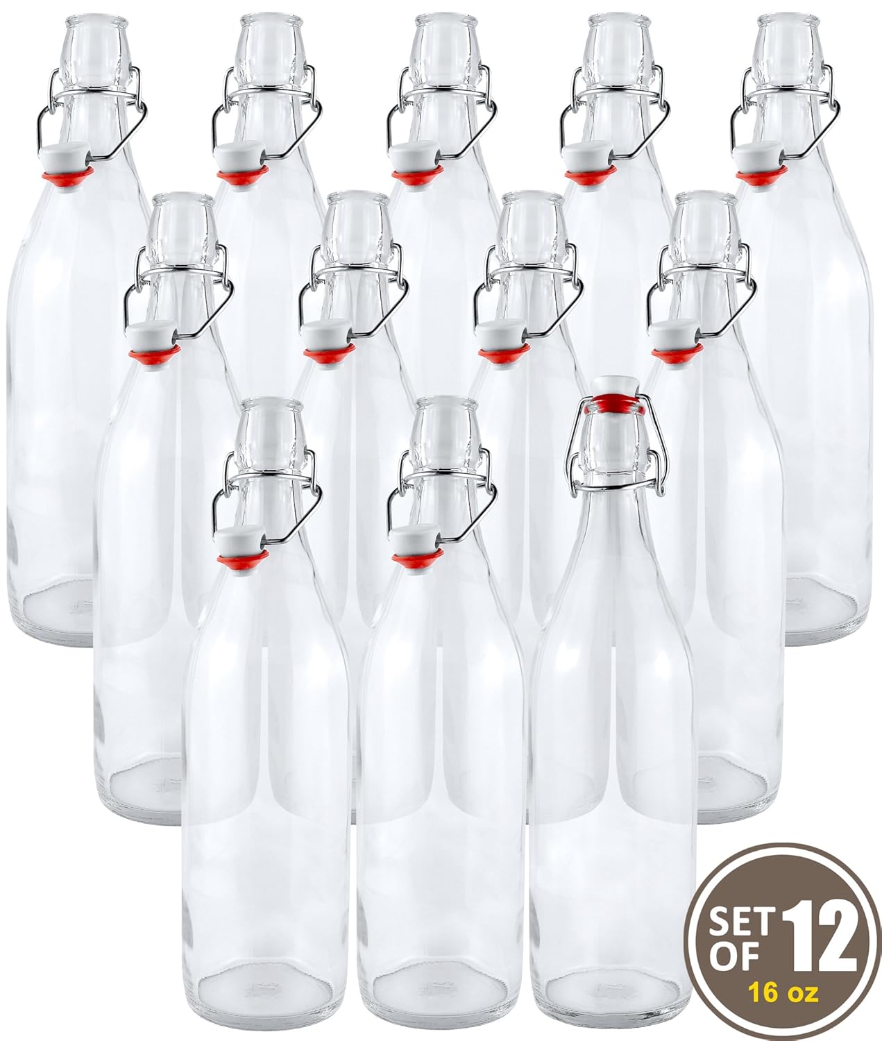 Estilo Swing Top Easy Cap Clear Glass Beer Bottles, Round, 16 oz, Set of 12