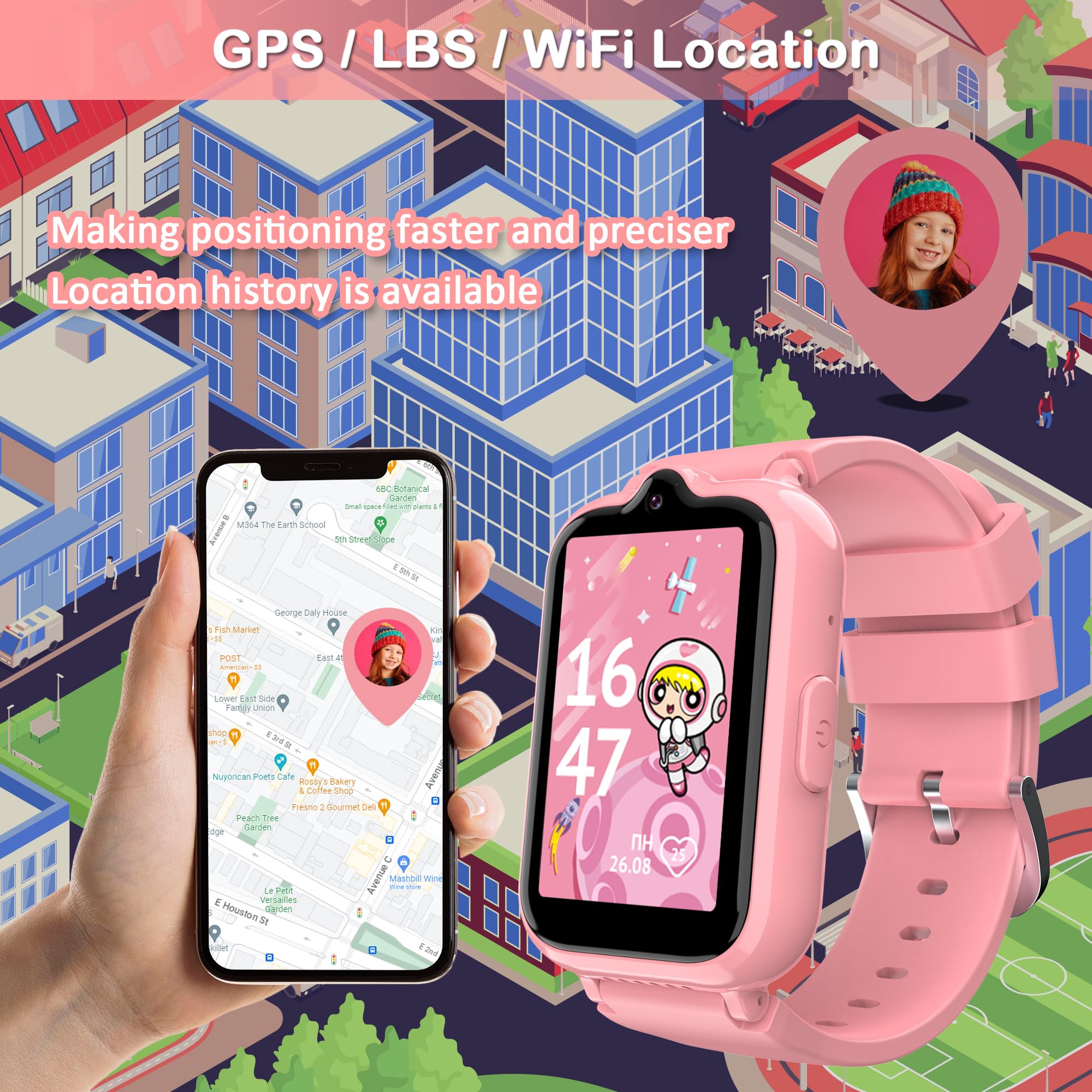 4G Kids Smart Watches for Girls with GPS Tracker, Phone Calling & Voice Chat, WiFi Touch Screen Kids Watches Ages 5-12, SOS Call, Camera, Alarm Clock, Pedometer Birthday Gifts