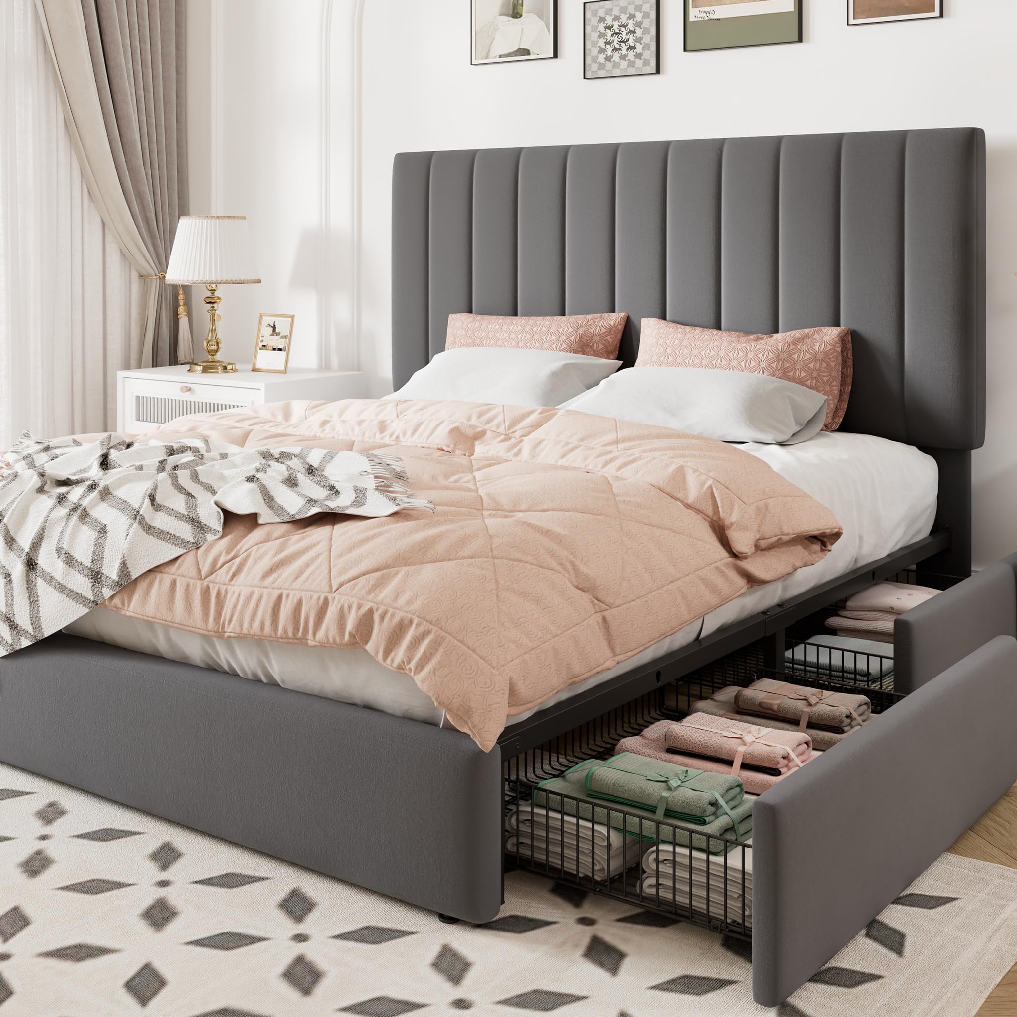 Photo 1 of  Queen Size Storage Bed Frame, Vertical Channel Tufted Adjustable Headboard, Velvet Upholstered Platform Bed with 4 Oversized Underbed Drawers, Wooden Slats Support, No Box Spring Needed, Grey