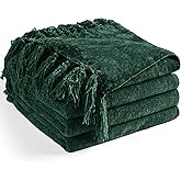 LONG CREATE Chenille Throw Blanket for Couch 50"X 60", Soft Cozy Throws with Fringe Tassel for Bed Sofa Chair Cover, Lightweight Knitted Decorative Boho Blankets for Living Room, Dark Green