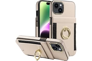 S. Tedazo for iPhone 15 (6.1 inch) Wallet Case with Credit Card Holder and 360° Rotation Ring Stand, RFID Block Flip Leather Shockproof Cover-Beige
