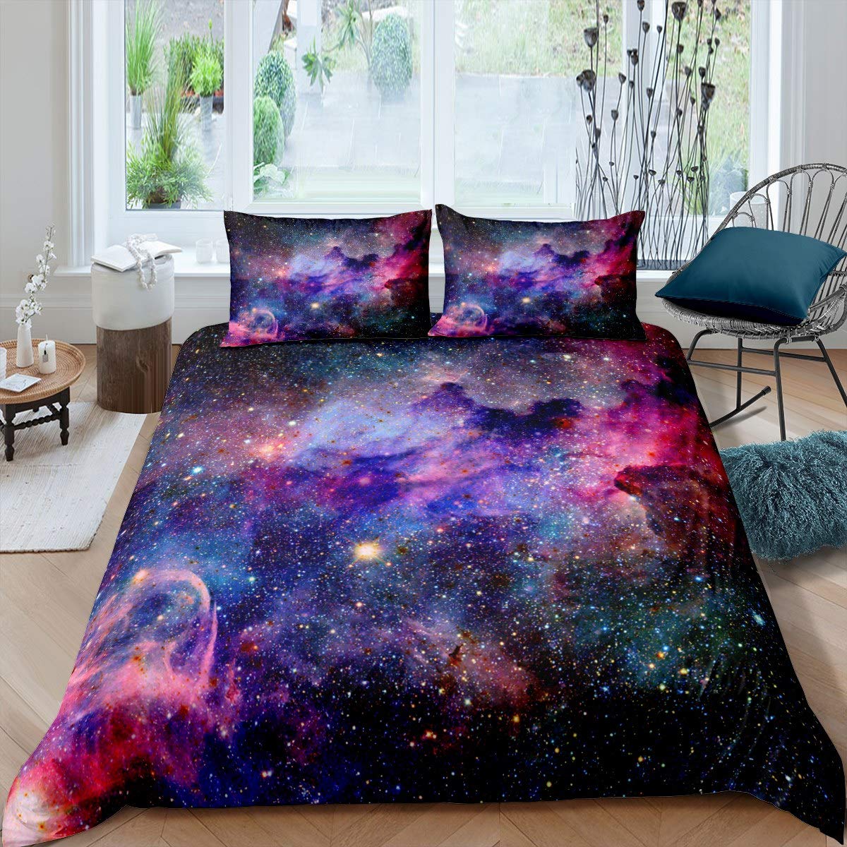 Loussiesd Galaxy Duvet Cover Starry Sky Bedding Set Purple Blue Outer Space Comforter Cover for Girls Children Teens Women Chic Milky Way Bedroom Decor Bedspread Cover Double with 2 Pillow Case