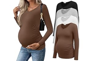 Ekouaer Womens Maternity Shirts Long Sleeve 4 Pack V Neck Side Ruched Pregnancy Tops Blouse Casual Mama Clothes S-XXL
