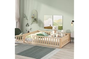 Dolonm Full Size Montessori Bed, Toddler Floor Bed for Kids, Floor Platform Bed with Fence Guardrails and Door, Montessori Floor Bed Frame, Wooden Floor Bed Toddler, Natural