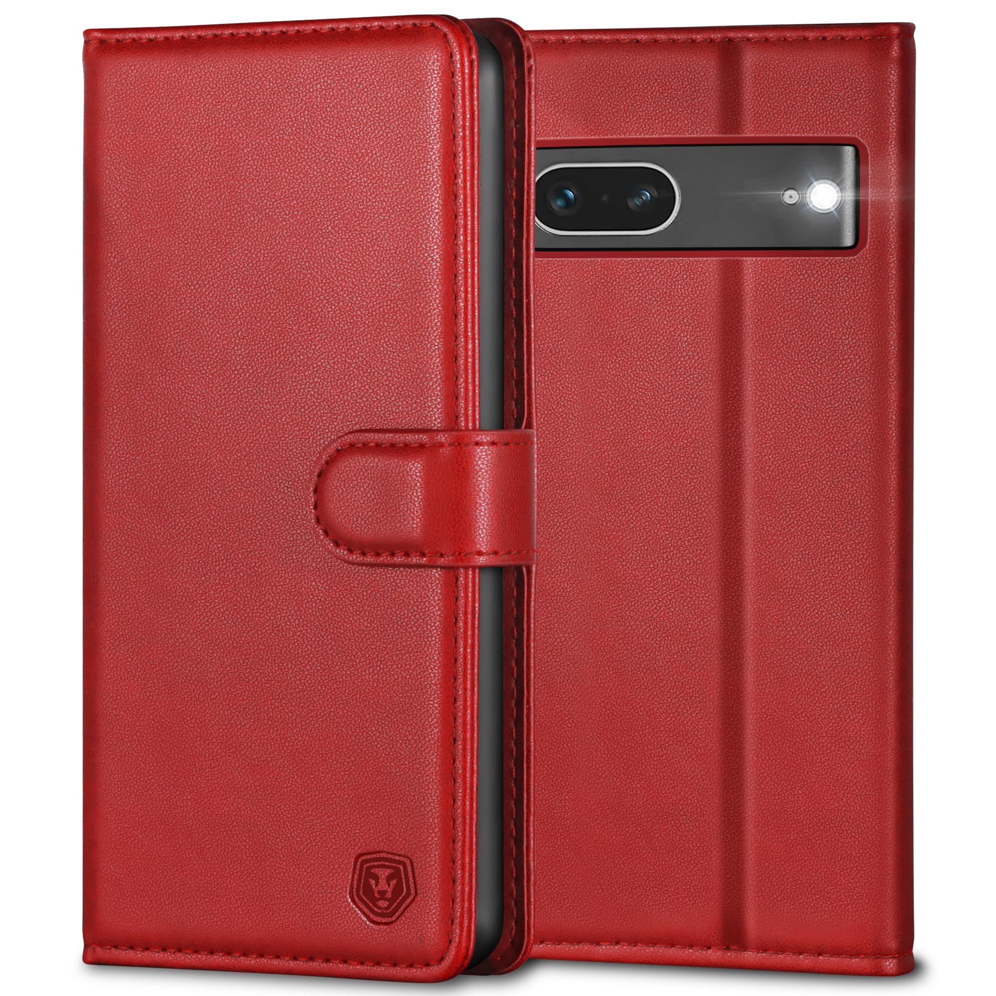 Kuafcase for Google Pixel 7 Case, 4 Card Slots Magnetic Closure Kickstand Shockproof Protective Phone Case for Google Pixel 7 - Red