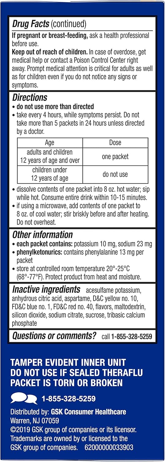 Theraflu Severe Cold and Cough Medicine for Adults and Children 12+, Multisymptom Nighttime Cold and Flu Relief Powder Packets, Honey Lemon Infused with Chamomile and White Tea Flavors - 6 Count: Health & Personal Care