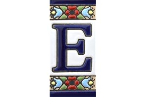 ART ESCUDELLERS Number and letter signs. Hand painted ceramic tiles with dry rope technique (cuerda seca). Names, directions and signage. Mini FLORES drawing 7.3 cm x 3.5 cm. (LETTER "E")