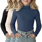 LessonZoo 3 Pack Girls Lettuce Trim Mock Neck Cotton Long Sleeve Shirts, 5-14 Years Ribbed Slim Tops Casual Layer Basic Tees