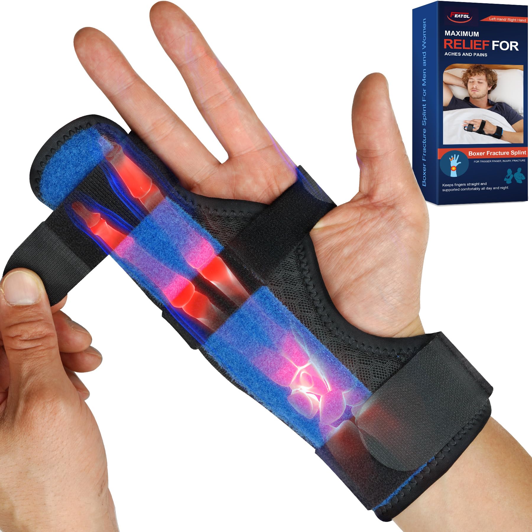 Photo 1 of FEATOL Boxer Finger Splint Metacarpal Splint Brace, Adjustable Pinky Hand Brace For Women Men, Pain Relief For Boxer Fractures, Broken Ring Finger, Tendonitis, Right Hand,X-Large