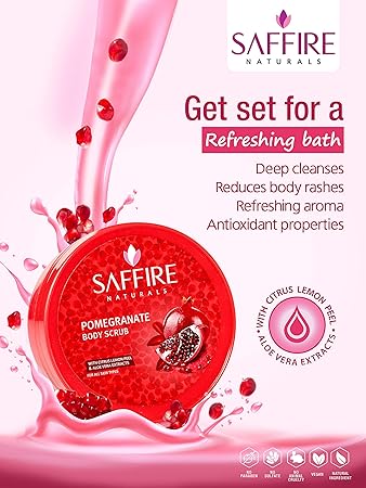 Saffire Pomegranate Body Polishing Scrub | With Citrus Lemon Peel & AloeVera Extract | All Skin Type | 200 gm