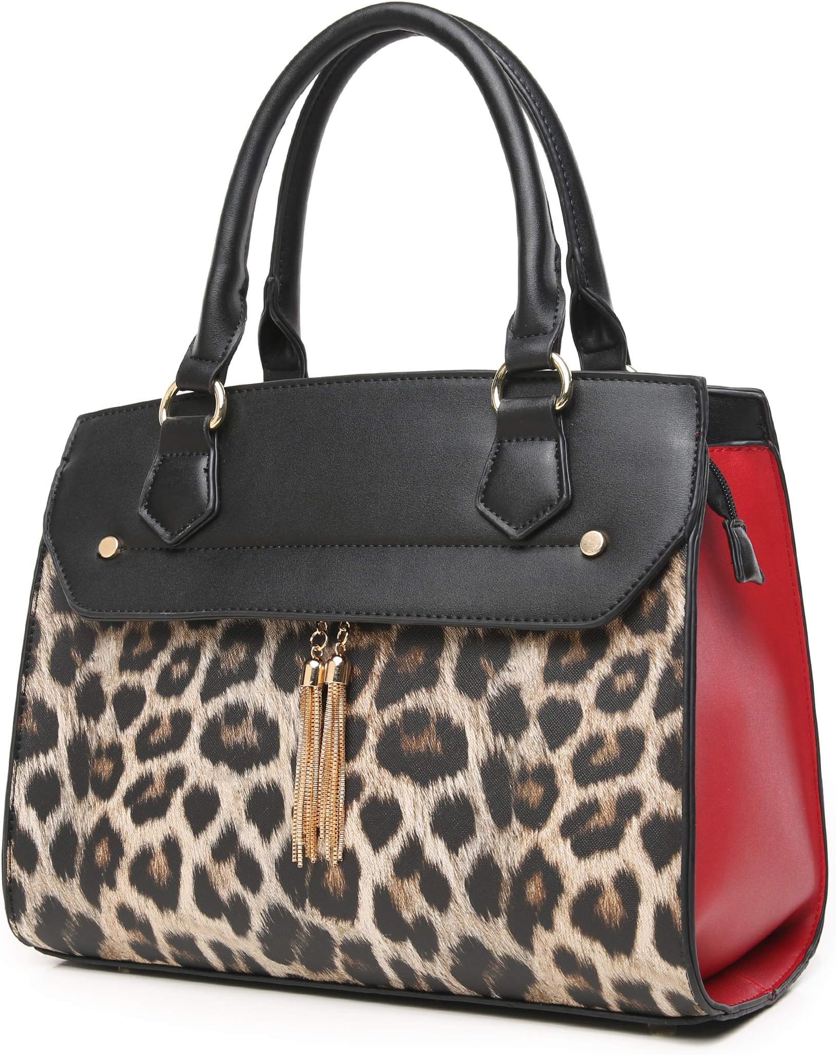 Leopard Print Metal Tassel Purse and Handbag for Women Top Handle Satchel Tote with Shoulder Strap