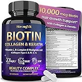 Biotin with Hyaluronic Acid, Keratin and Collagen Supplement - 60 Capsules | StrongVit 10000mcg of Biotin for Hair Growth Women &amp; Men - Hair Skin and Nails Vitamins B1, B2, B3, B6 &amp; B7, USA Lab Tested