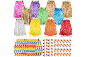 ONKULL 12 Set 60 Pcs Hawaiian Luau Hula Skirts Decorations, Grass Skirts, Hawaiian Bracelet & Necklace for Tropical Beach Party Holiday,Birthdays Party Decorations Favors Supplies Multicolor