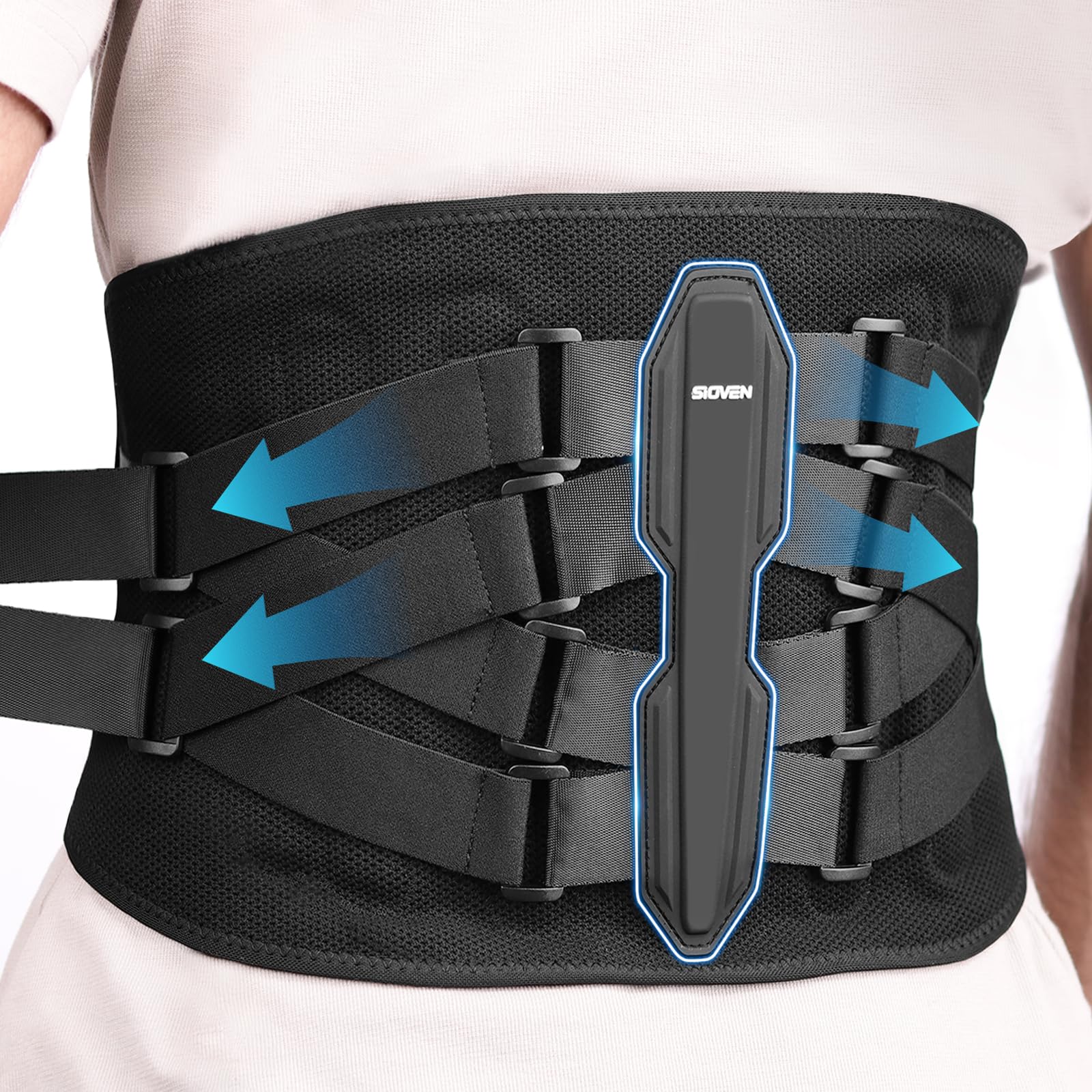 Sioven Back Support Belt for Men Women, Back Brace for Lower Back Pain Relief, Adjustable Lumbar Support With 5 Support Modules Ideal For Hernated Disc, Sciatica, Heavy Lifting (Black, M)