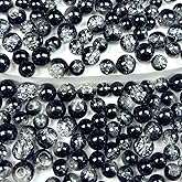 Chuxin 200pcs Crackle Glass Beads, 8mm and 10mm Black Crystal Glass Beads Round Loose Spacer Bulk Beads for DIY Craft Earring Necklace Bracelet Jewelry