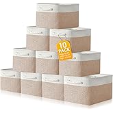 FoldTier 10 Pack Large Collapsible Fabric Storage Baskets with Handles Decorative Storage Bins for Organizing Shelves Toys Clothes(White & Beige,16 x 12 x 10 Inches)