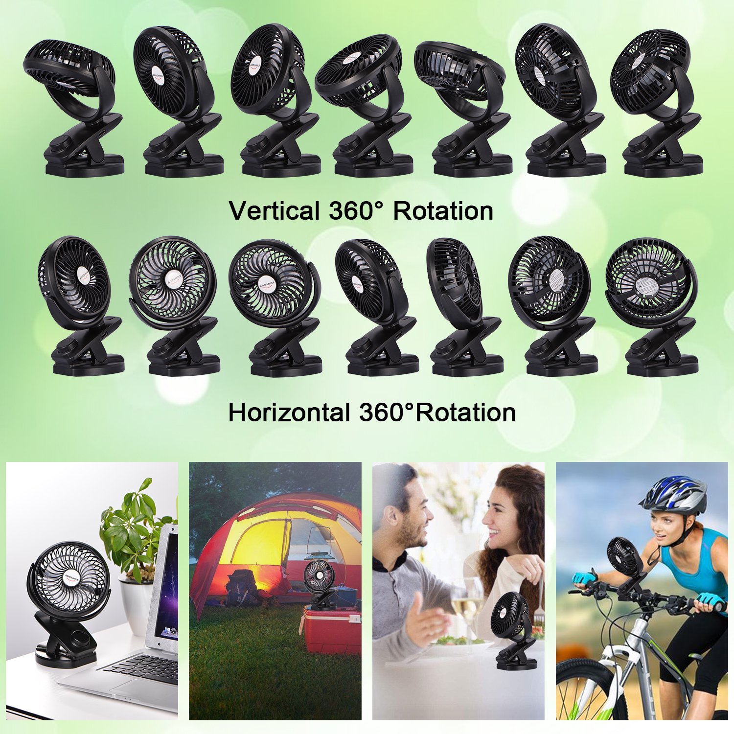 Rechargeable Battery Operated Clip Fan, Portable Clip on USB Desk Fan, ADDSMILE 4400mAh Battery/USB Powered Personal Mini Fan for Baby Stroller/Office/Gym/Beds/Car/Traveling/Camping(6~40h) (Mini)