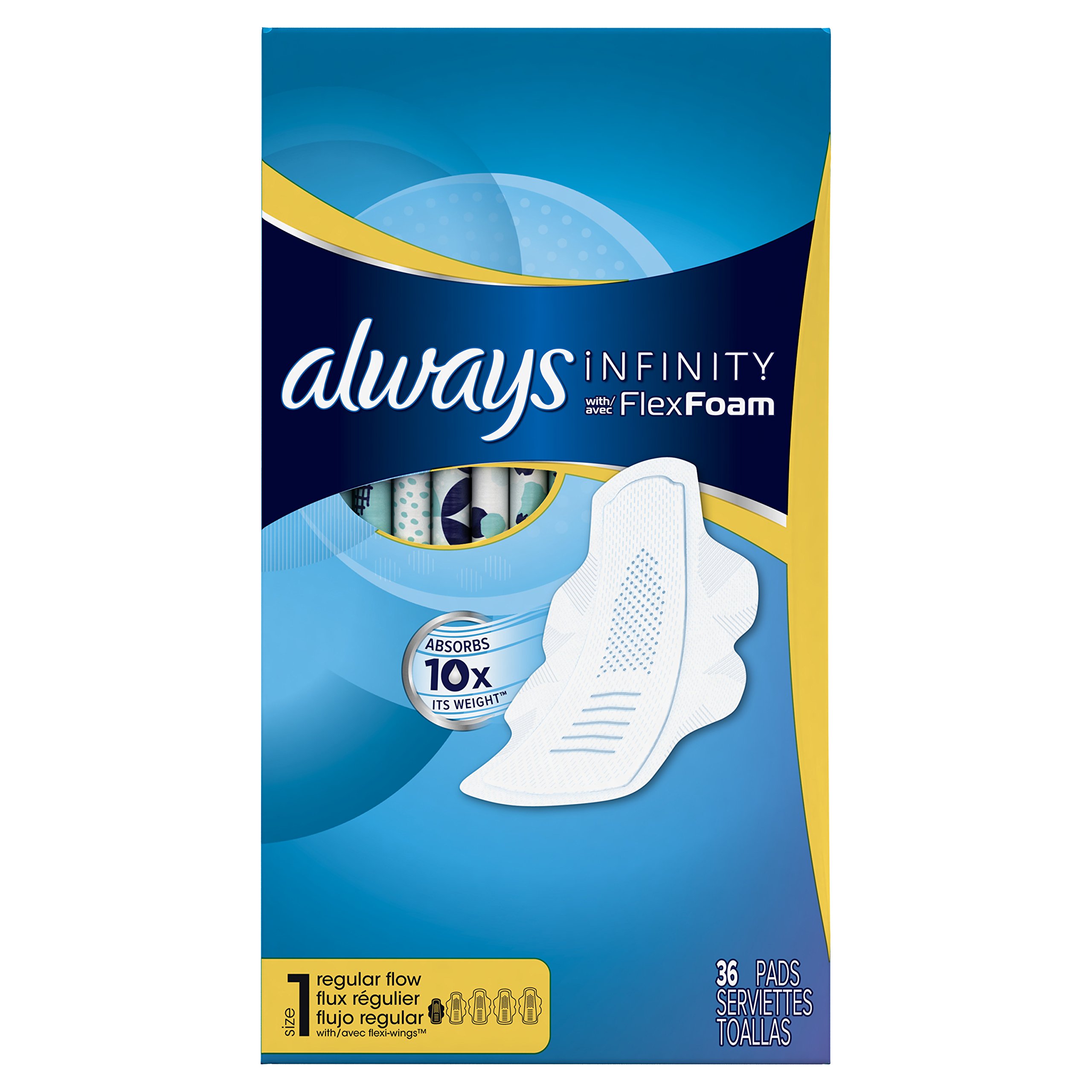 Always Infinity Size 1 Feminine Pads with Wings, Regular Absorbency, Unscented, 36 Count - Pack of 3 (108 Total Count) (Packaging May Vary)