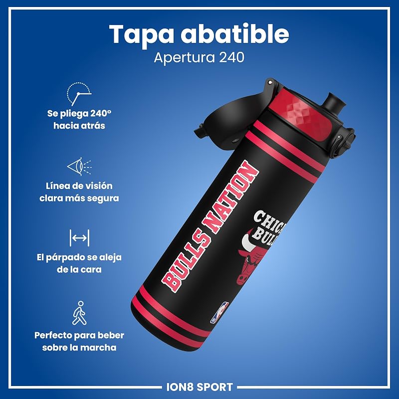 NBA Chicago Bulls Botella Agua, 500ml, a Prueba de Fugas, Fácil de Abrir, Cerradura Segura, Apta para Lavavajillas, Sin BPA, Asa de Transporte, Fácil de Limpiar