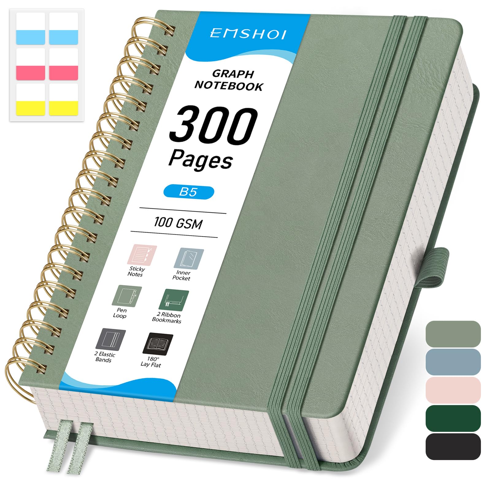 EMSHOI B5 Graph Paper Notebook, Spiral Notepad 150 Sheets/300 Pages, 100gsm, Hardback, Sticky Notes, Pocket, Pen Loop, Ruler, Bookmark, Squared Journal for Women Men Writing, 19 x 25.8cm, Sage Green