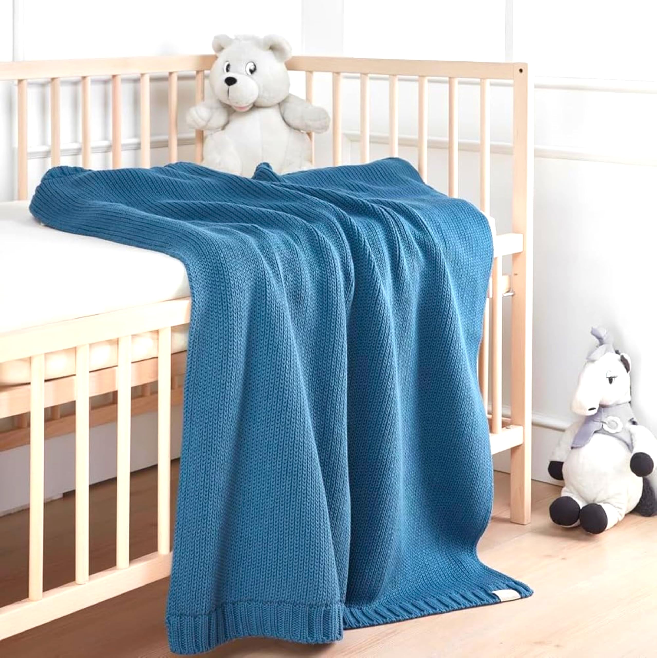 EVERSOFT FABRICS Premium Baby Blanket 550gr- 100% Organic Cotton, Oeko-Tex 100 Certified, Extra Thick & Cozy, Ideal for Winter & Colder Months, Soft Knit (Blue)