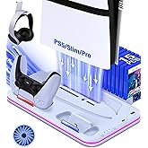PS5/Slim/Pro Stand and Cooling Station with Controller Charging Station for PlayStation 5 Slim/Pro Console, PS5 Controller Charger, Cooling Stand, LED Light, Headset Holder for PS5 Accessories, White