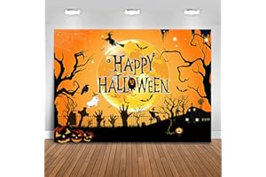 Mocsicka Happy Halloween Backdrop Orange Moon Night Trick or Treat Party Decorations Haunted House Wizard Graveyard Fence Pumpkin Photography Background (Orange, 7x5ft(82"x60"))