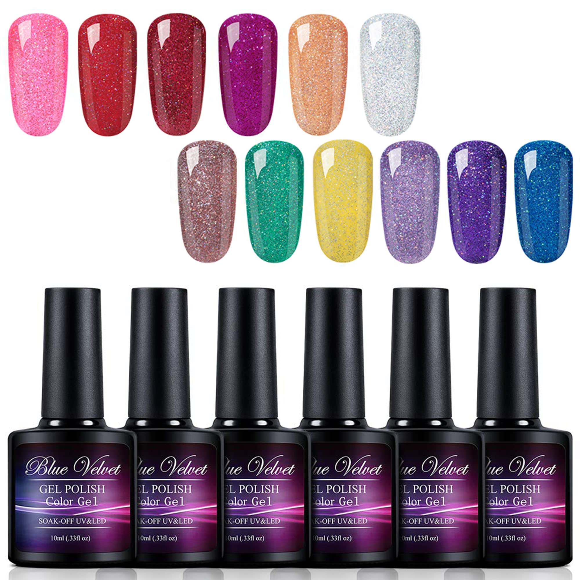 Blue Velvet 12 Pack Gel Polish Set Soak Off UV LED Rainbow Neon Bling Glitter Colour Gel Nail Coat Manicure and Pedicure Kit 10ML CH015
