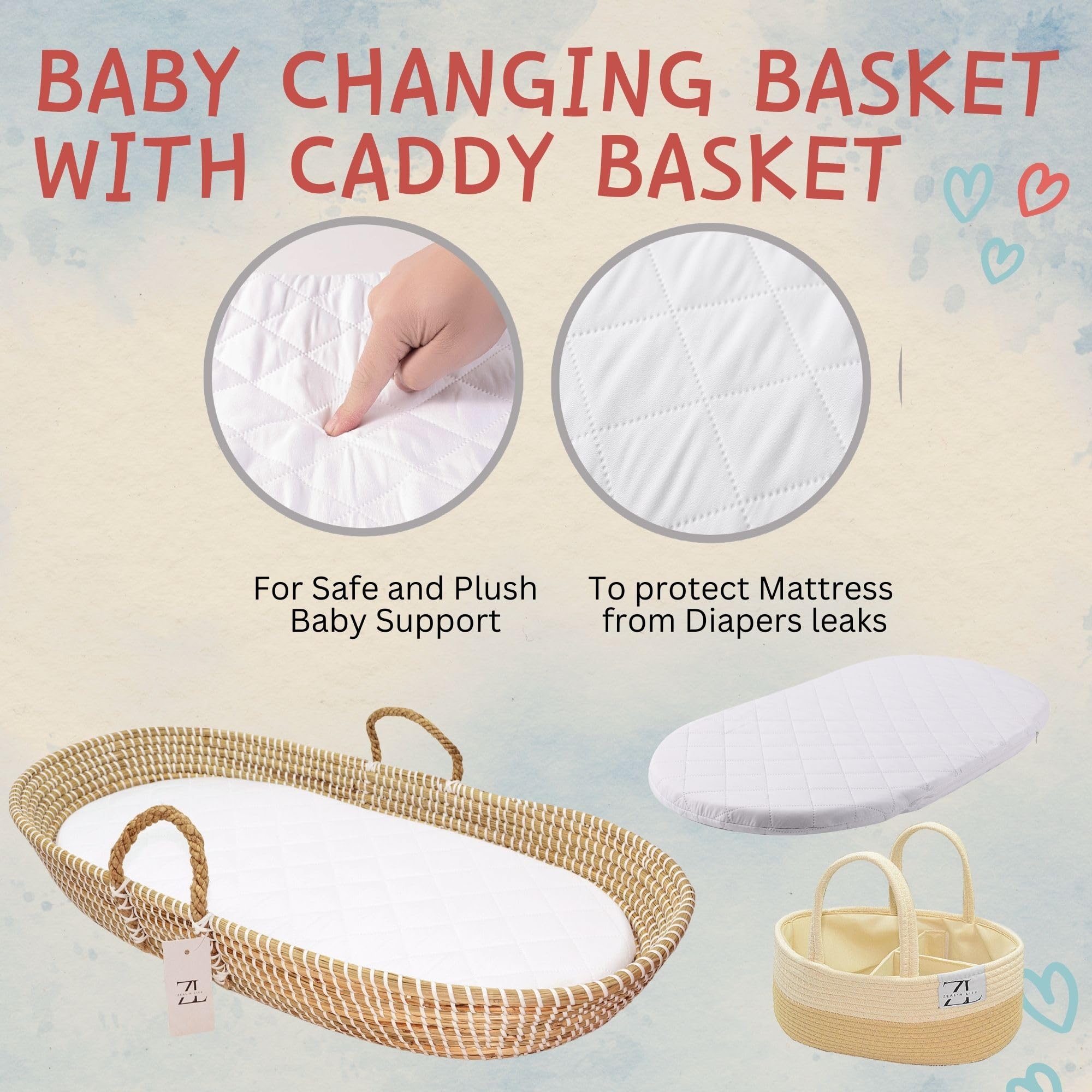 ZEAL'N LIFE Seagrass Baby Changing Basket, Baby Towel, Diaper Caddy & Waterproof Changing Pad | Portable Diaper Changing Topper for Dresser or Table | A Nursery Essential (Seagrass)