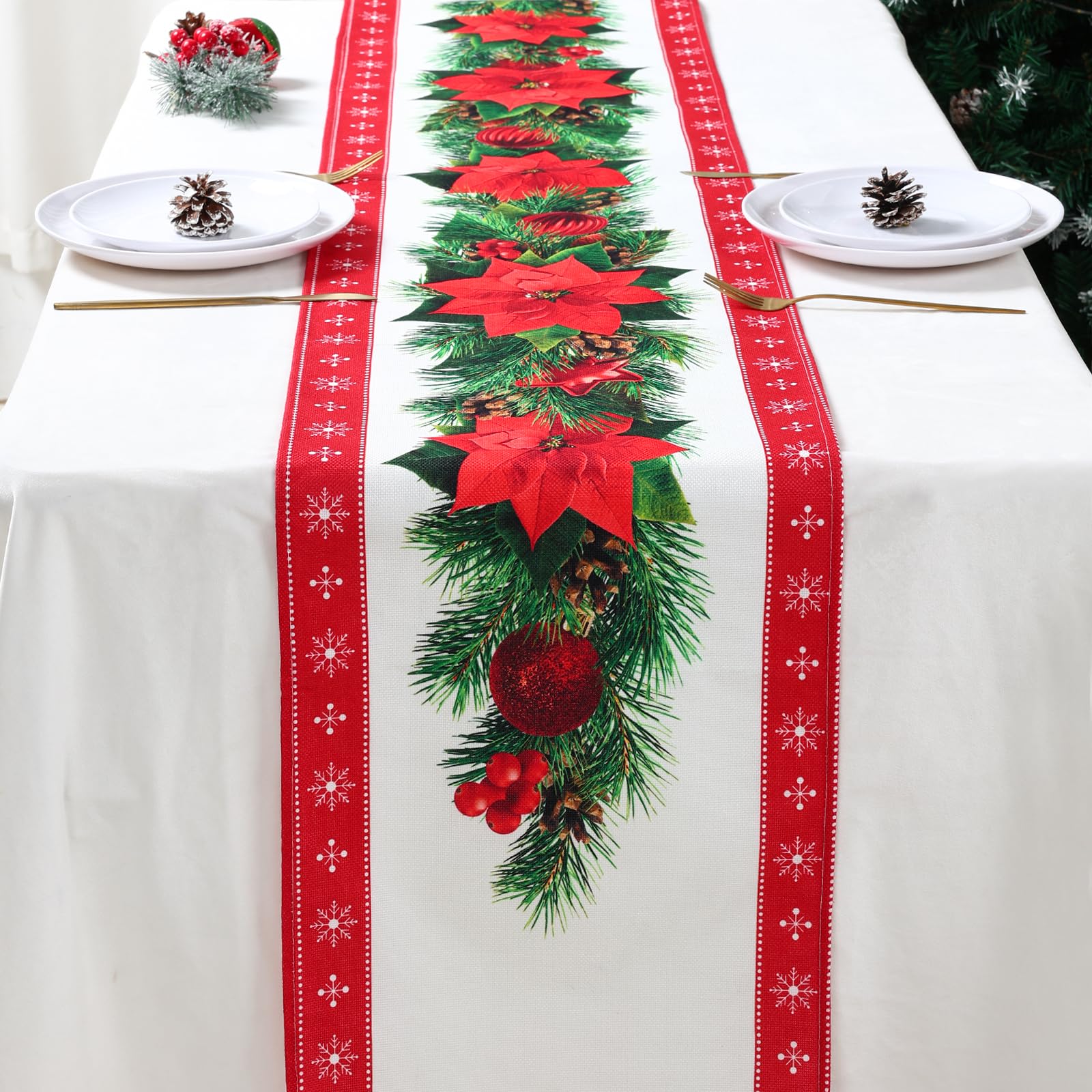 Christmas Table Runner Safflower, Red Linen Table Runner Tablecloth with Red Flower Christmas Tree Bells Print, Dinner Christmas Table Decoration for Xmas Table Centrepiece Decorations(274 x 33cm)