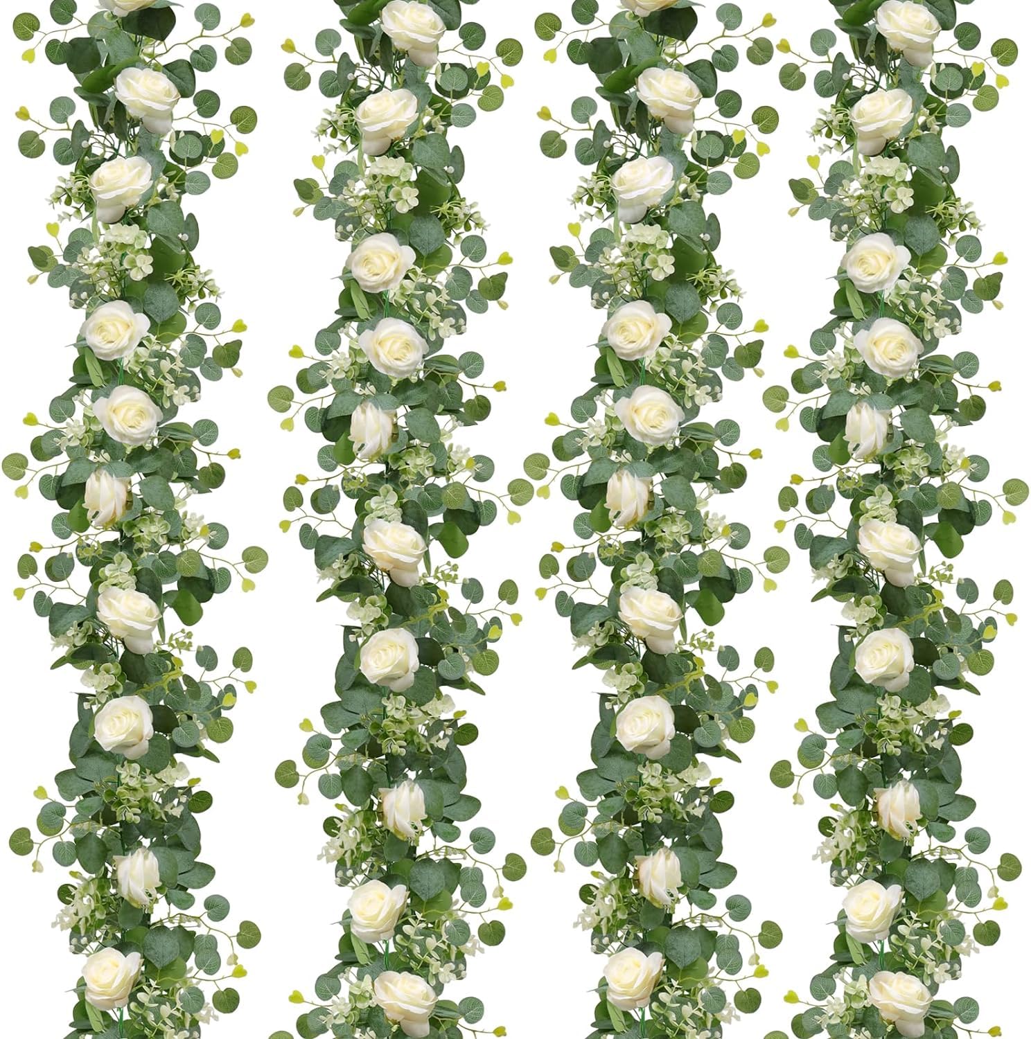 Dremisland 4PCS /24 FT Artificial Eucalyptus Flower Garland Spring Decor White Rose Garland Silk Flowers Fake Eucalyptus Plants Faux Vines Greenery Garlands for Wedding Table Runner Backdrop