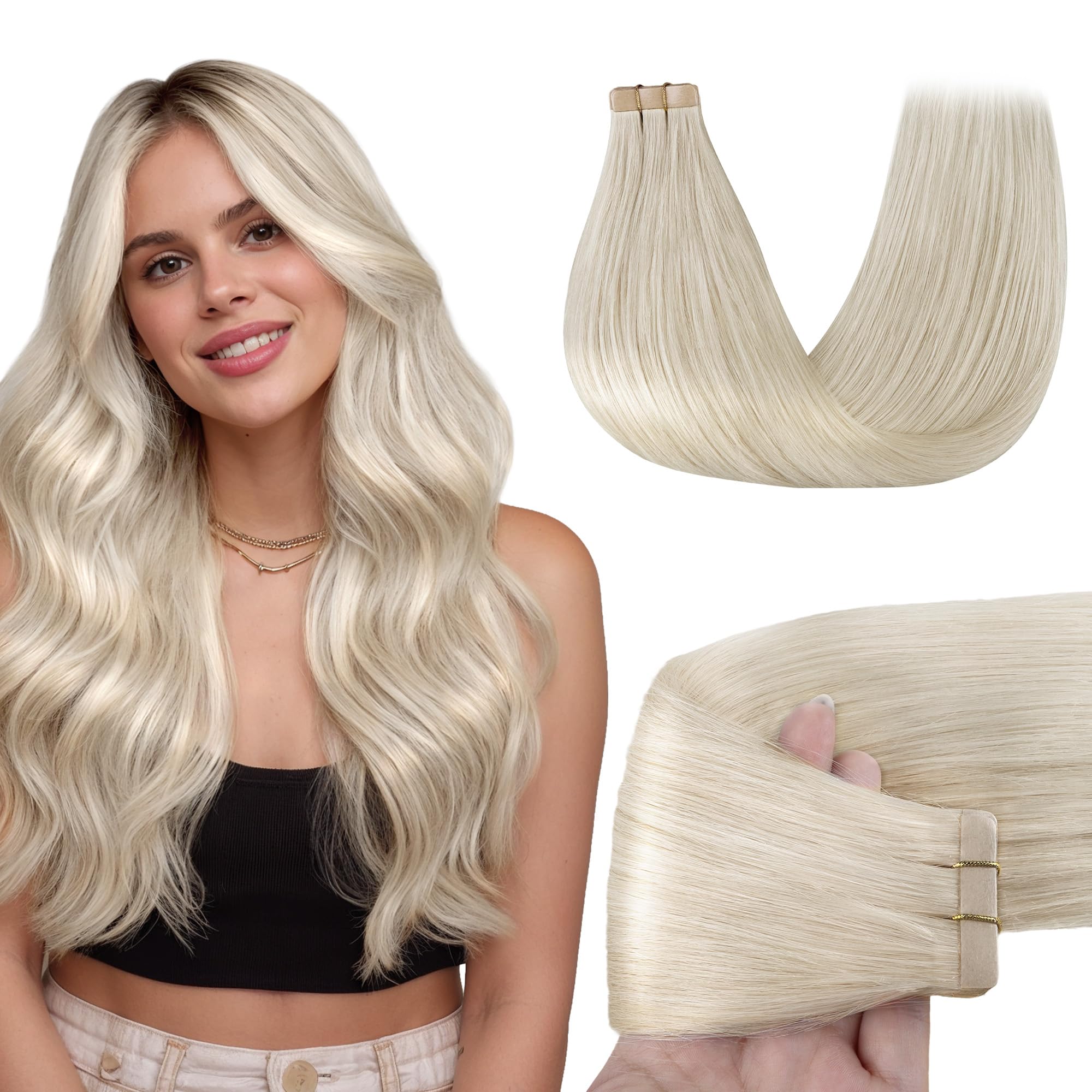 GOO GOO Tape in Hair Extensions human hair, tape Hair Extensions, 24inch 50g 20pcs, Human Hair Extensions, 60A Platinum Blonde — image 1