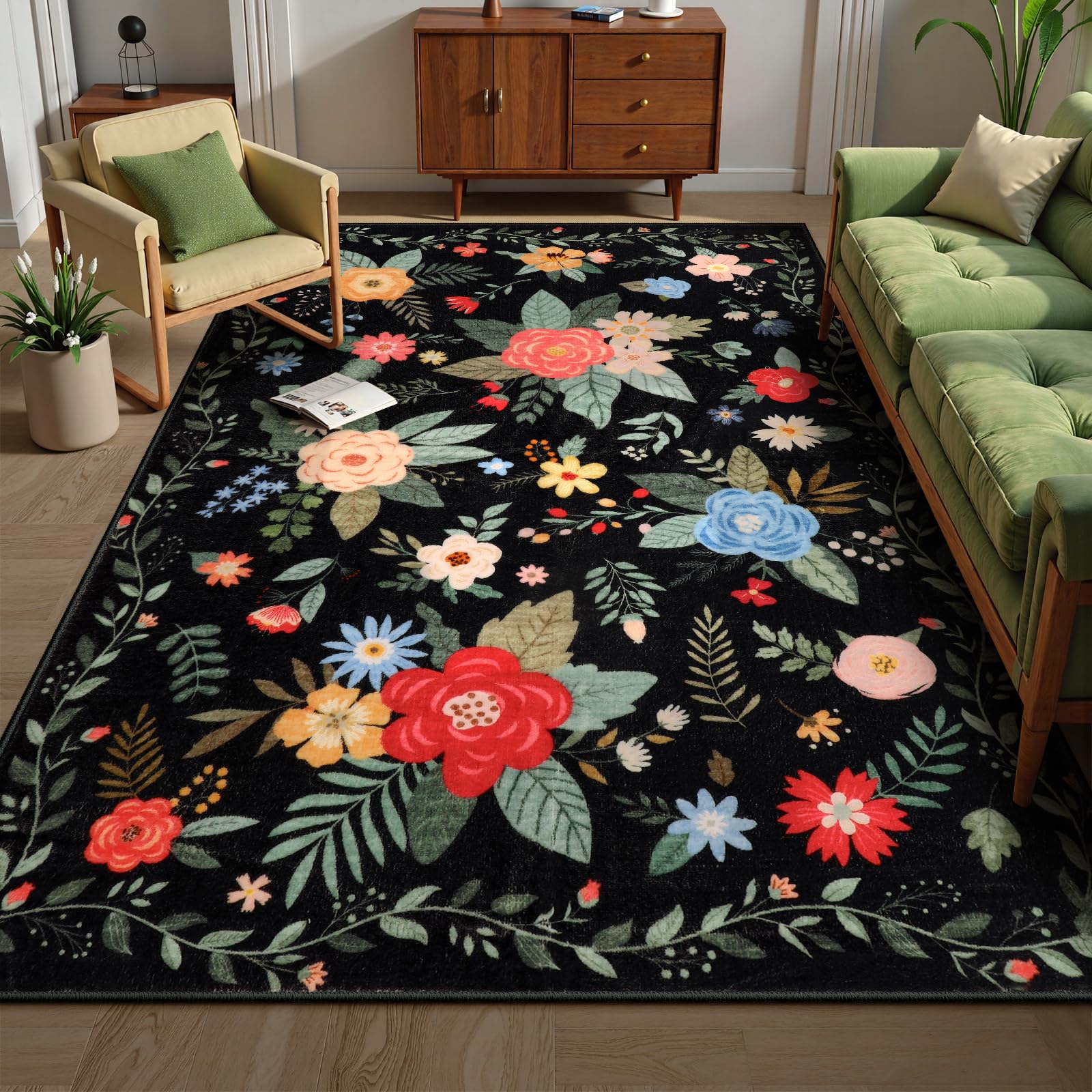 Decorative Rubber Back Rug Lahome Black Floral 8x10 Rug for Kids Room, Wildflower Rugs for Room ...