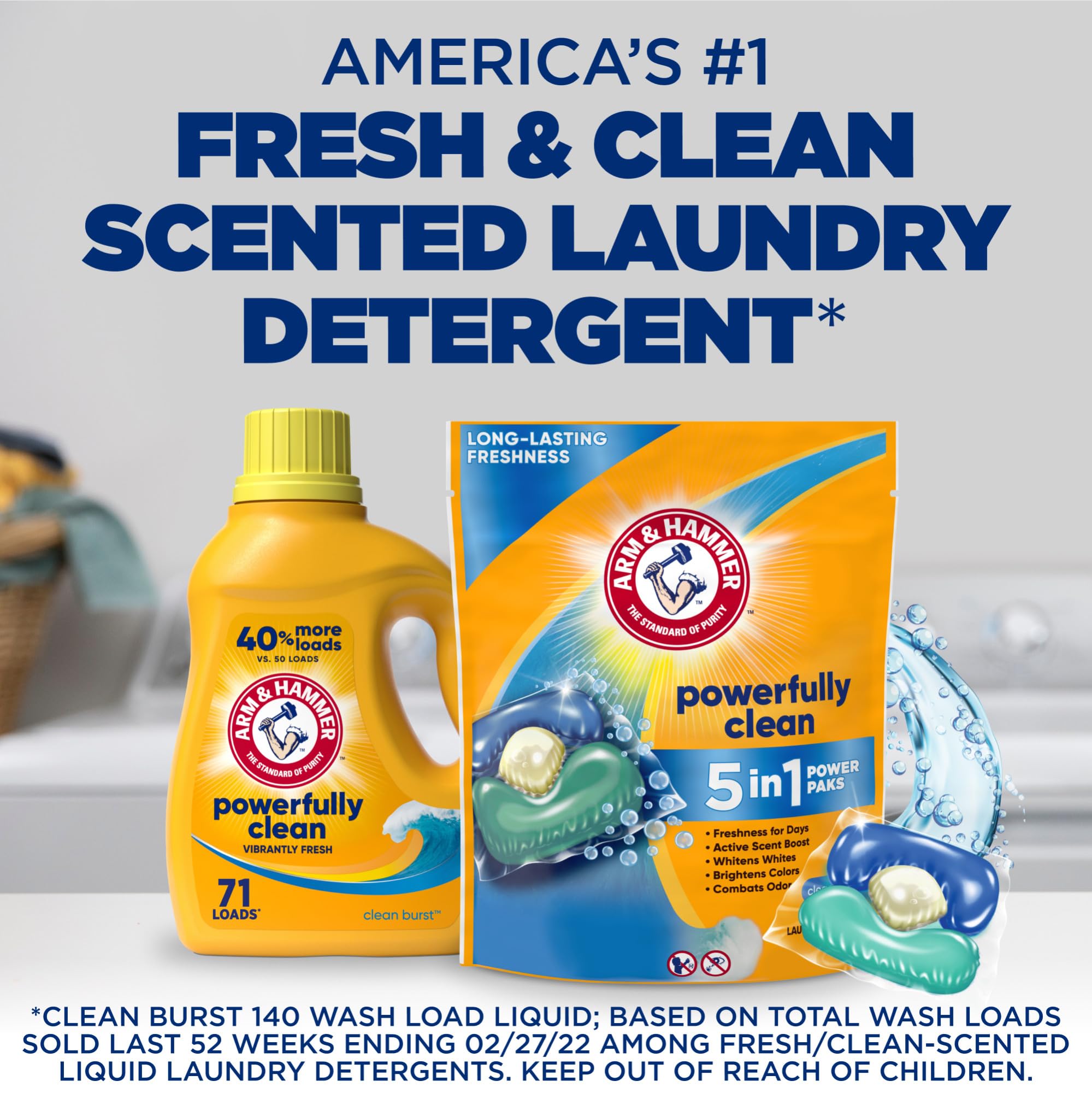 Arm & Hammer Clean Burst 5-in-1 Laundry Detergent Power Paks, High Efficieny (HE), 42 Count