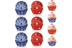 300pcs Spider Theme Cupcake Liners, Red Blue Spider Web Cupcake Liners Wrapper Paper for Cakes Baking Muffin Cup Cake Paper C