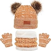Winter Beanie Hat Scarf Gloves Set for Kids, Winter Warm Set Knitting Cap Neck Warmer Gloves for Girls Boys 2-10 Year