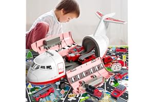 iHaHa Airplane Toys for 3 Year Old, Toy Airplane for Boys Kids Girls Age 4-7, Large Transport Spray Aeroplane Toys with 10 Firetruck Vehicles, Boy Toys Age 4-5
