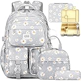 ACESAK Girls Backpack - Bento Box with Insulated Lunch Bag Pencil Case & Utensils Set for Kids, 6 Leakproof Compartments Removable Tray Lunches or Snack Container for School (Gray Daisy)