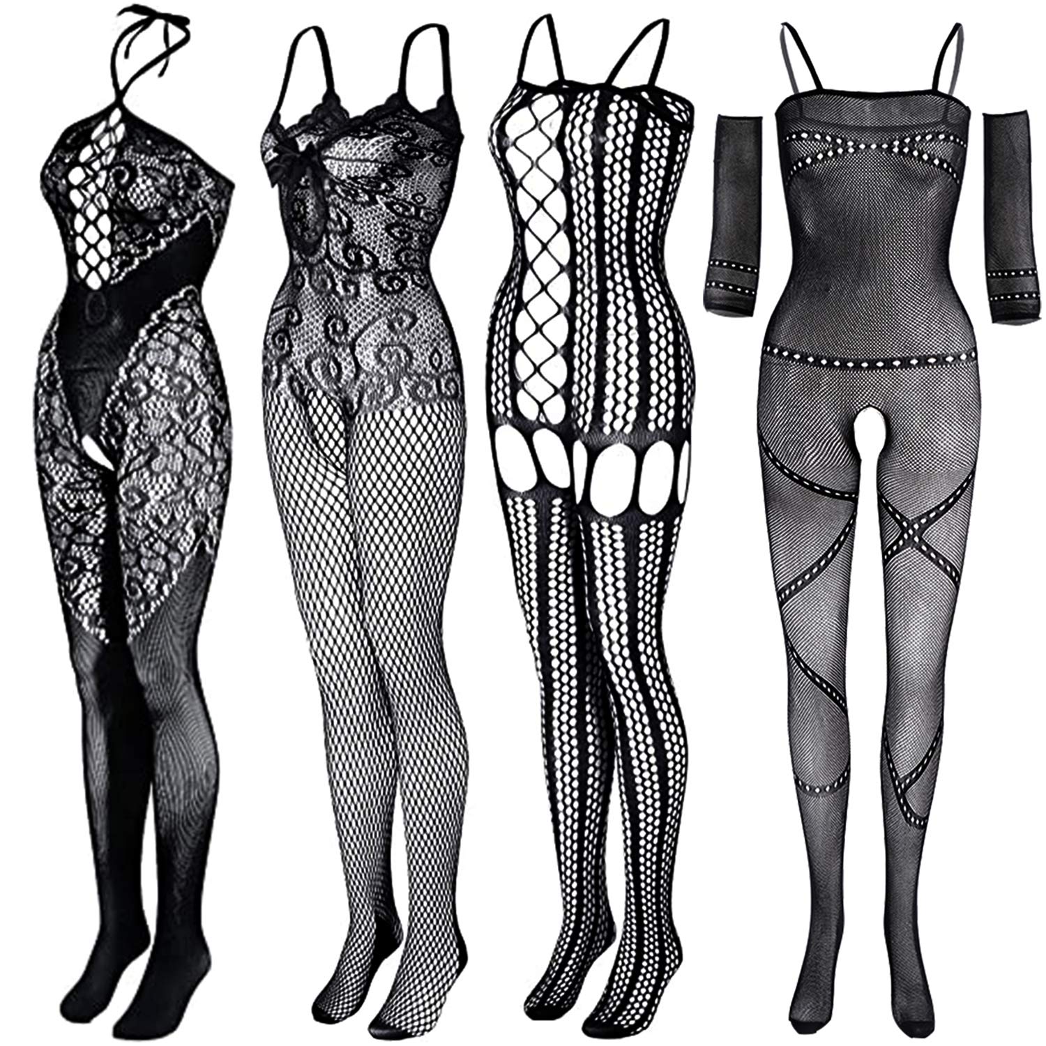 GVIANCXI 4 Pack Womens Fishnet Bodystockings Hollow Out Mesh Dots Hole Stretch Suspender Body Stocking Black