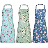 Auidy_6TXD 3 Pack Floral Aprons for Women, Adjustable Kitchen Aprons with 2 Pockets Vintage Cute Rose Floral Apron Chef Bakers Apron for Cooking Baking Gardening Apron Gift for Mom Wife Sister Grandma