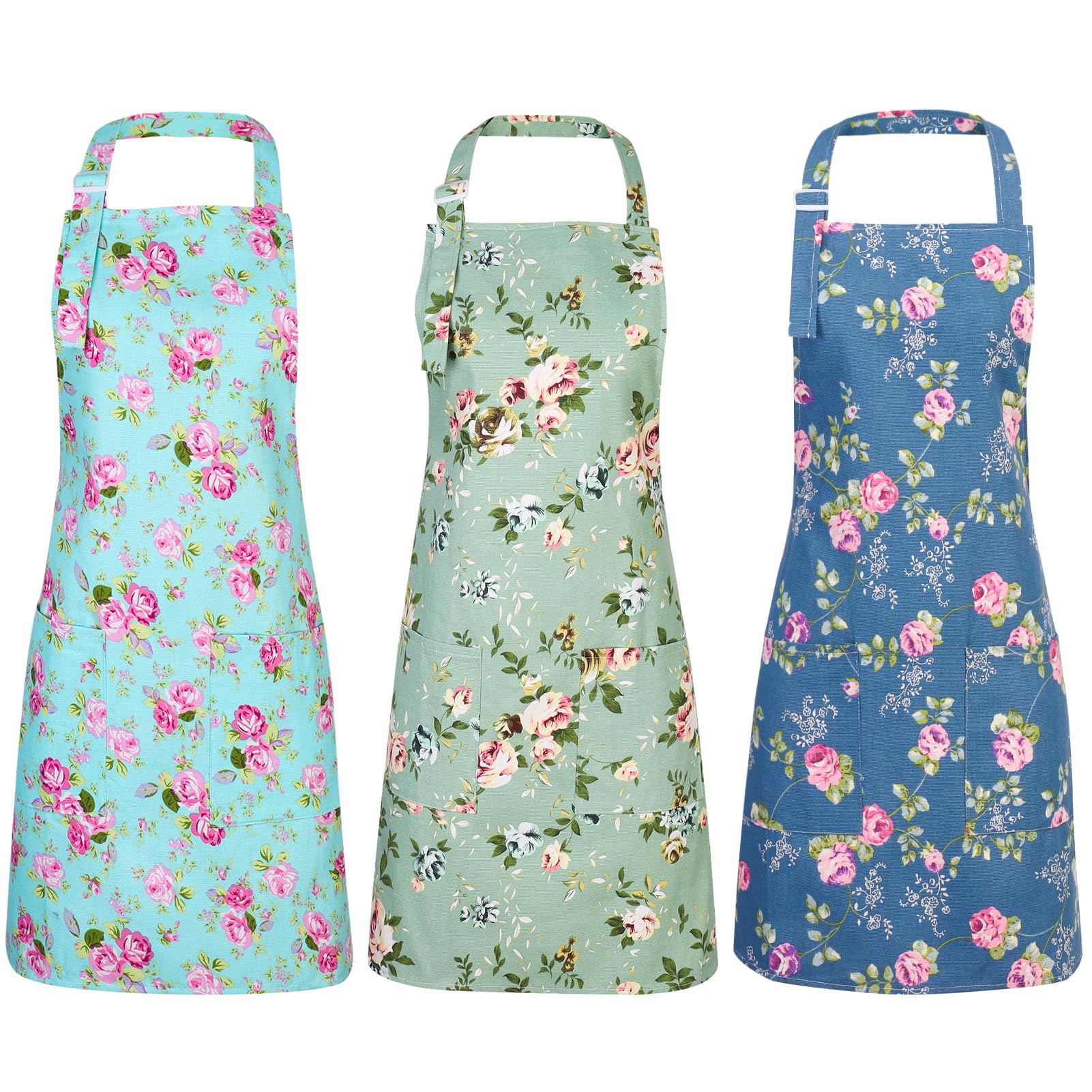 KroY PecoeD 3pcs Vintage Flower Aprons, Adjustable Canvas Aprons with 2 Pockets Kitchen Cooking Apron Chef Bakers Aprons