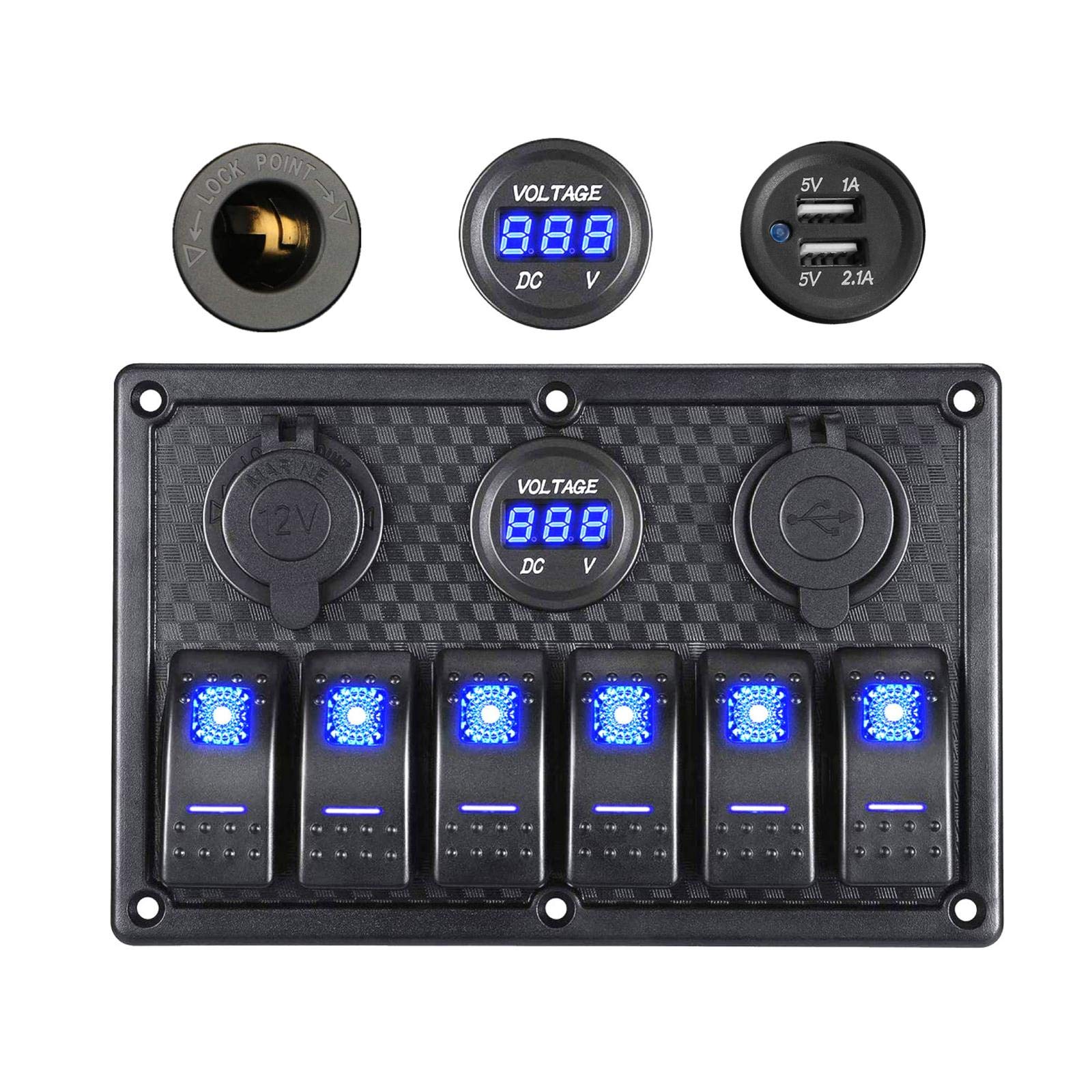 Thlevel 6 Gang Waterproof Rocker Switch Panel 12V/24V Digital Voltage Display, Dual 5V USB Charger Socket