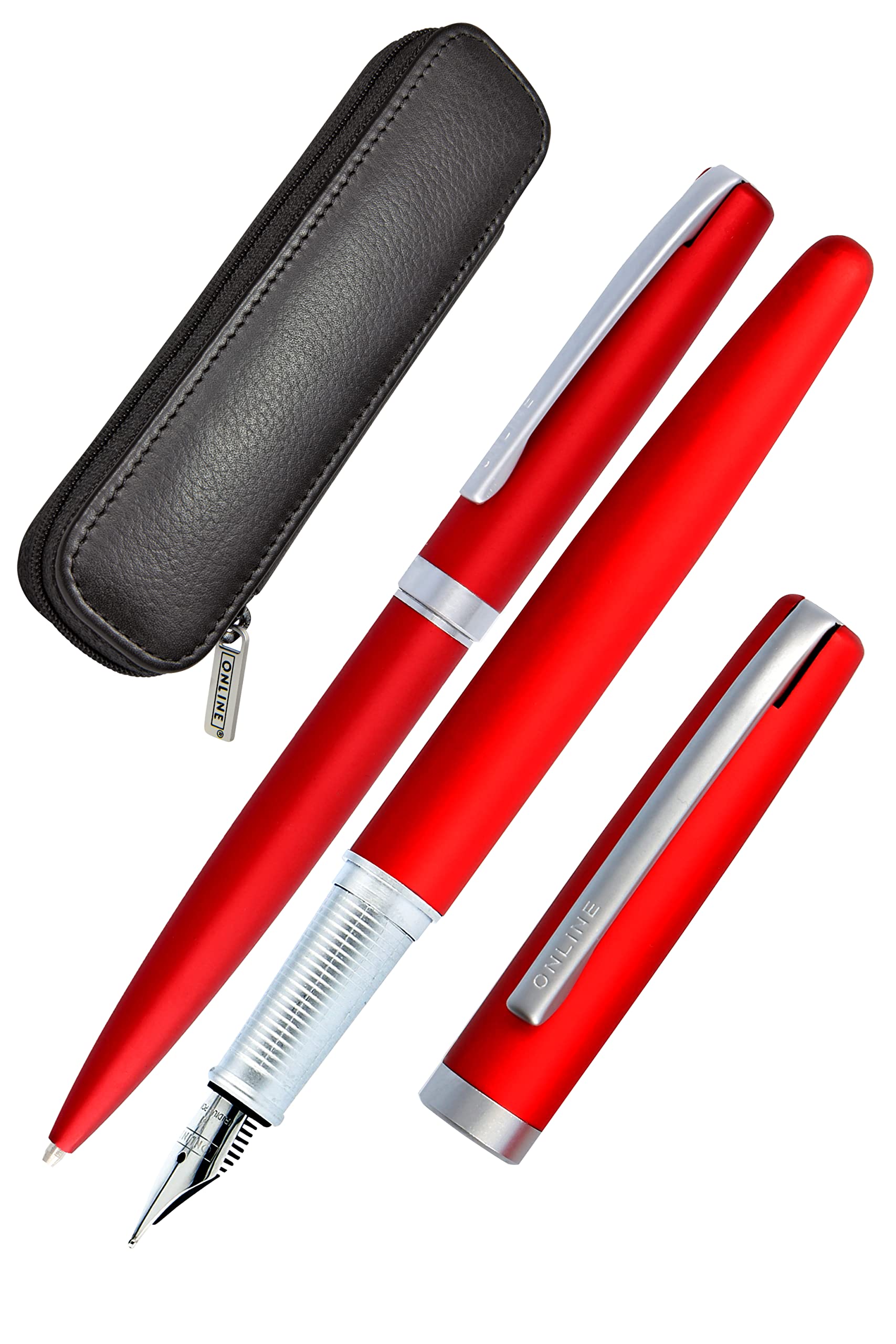 Online Set Eleganza Fountain Pen & Ballpen I Satin Red I Nib Size M I Metal Clip I Retractable Biro I Fountain-Pen for Standard Ink Cartridges Or Converter I In Gift Box