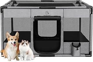 ROMANTIC BEAR Dog Playpen,Fabric Fence, Portable Soft Cat Kennel Crate,Breathable Exercise Puppy Pen,PVC Pipe Frame,Indoor Outdoor Cage for Medium Animals Under 50 Ibs with Carrying Case(Grey L)
