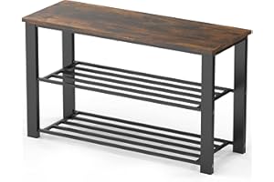 SimpleHouseware Wooden Top Shoe Rack Bench, 2-Tier Shoe Organizer for Entryway Storage, Rustic Brown