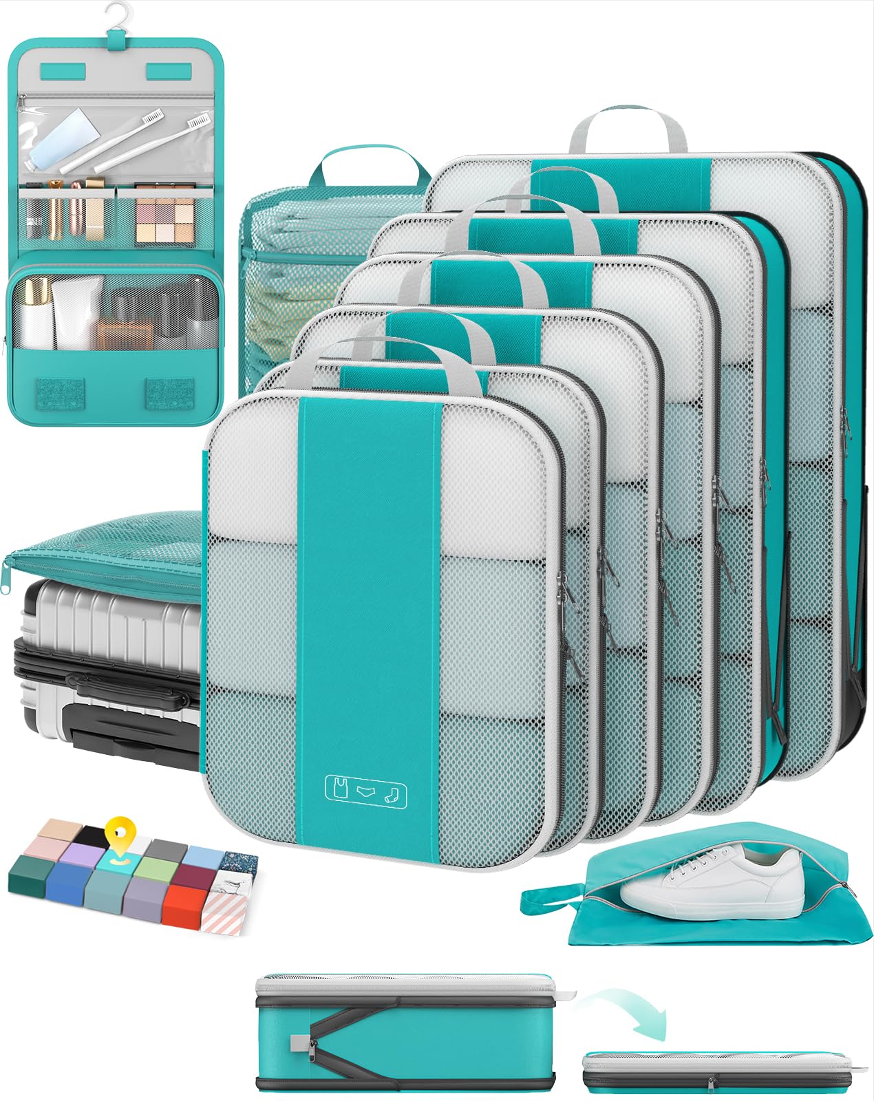 Photo 1 of 10 Set Compression Packing Cubes for Travel Essentials,Compressible Expandable Packing Cubes for Suitcase,OlarHike Luggage Organizer Bags for Travel,Handy Helper for Organizing Clothes(Blue Green)