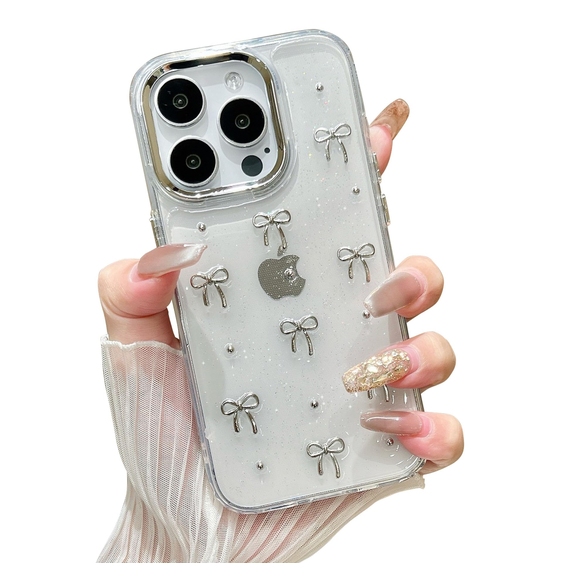 EYZUTAK iPhone 15 Pro Max Case, 3D Glitter Bow Cute Sparkly Crystal Clear Bow Aesthetic Design Slim Soft Durable TPU Case