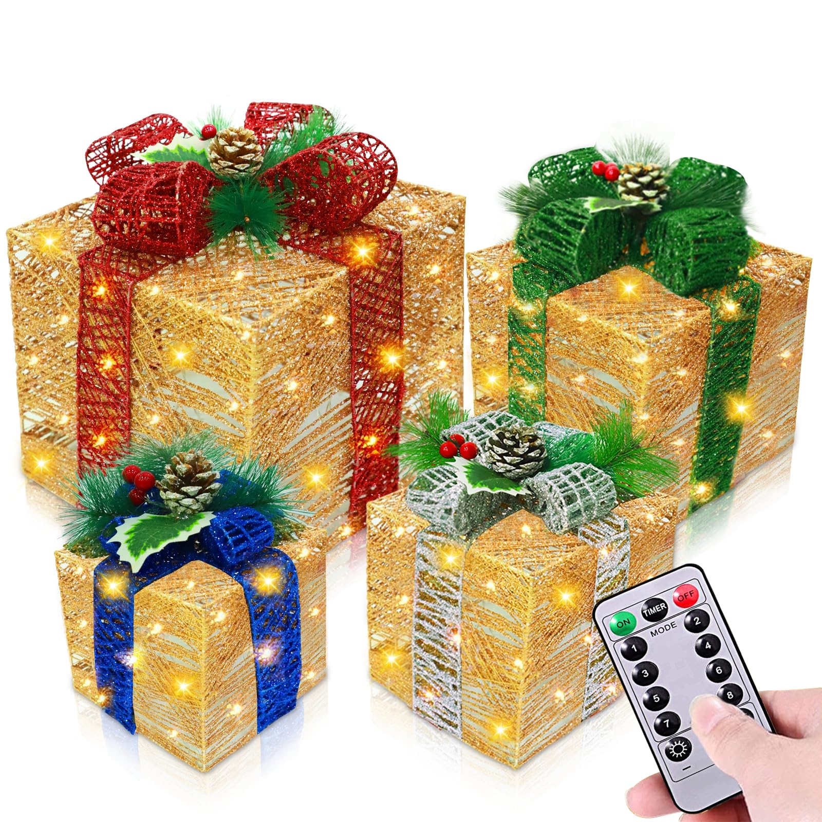 Photo 1 of [ Super Large 12"-10"-8"-7" ] 4 Pack Lighted Gift Boxes Christmas Decorations 70 LED Timer 8 Modes Remote Battery Operated Gold Glitter Xmas Present Box Christmas Tree Decor Indoor Outdoor Home Yard