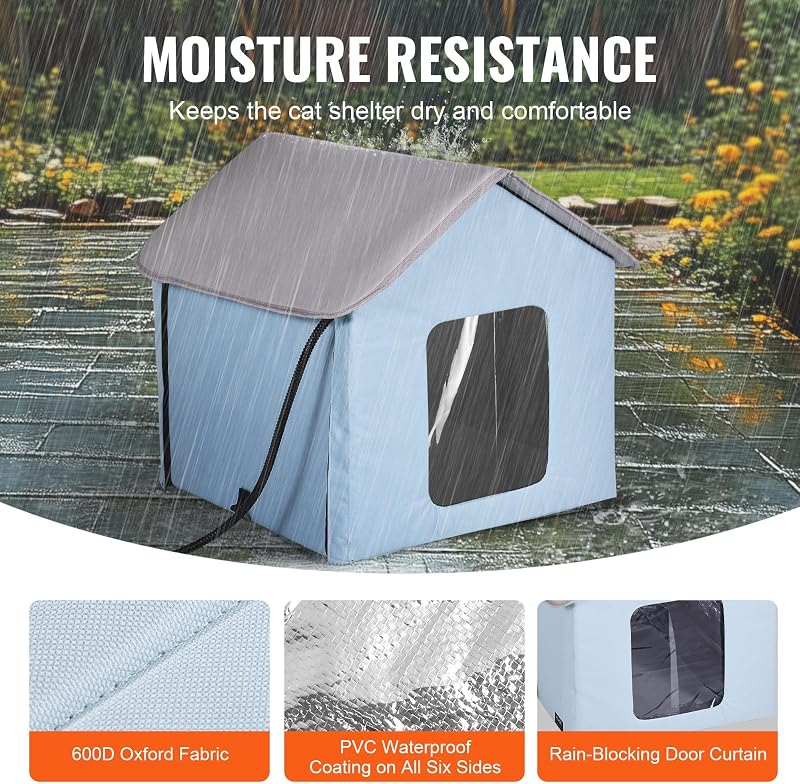 Cuccia per gatti riscaldata, per esterni con temperatura regolabile e timer, per gatti pieghevole in tessuto Oxford 600D con cuscino riscaldato per l'inverno
